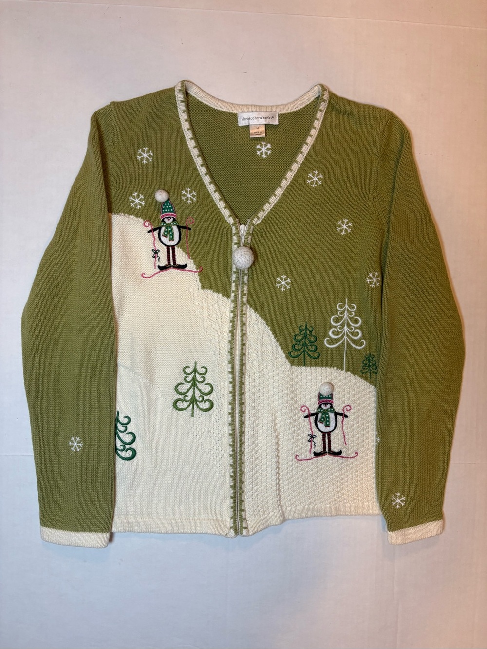 Christopher & Banks Light Green Cream Ramie & Cotton Blend  Holiday Cardigan M